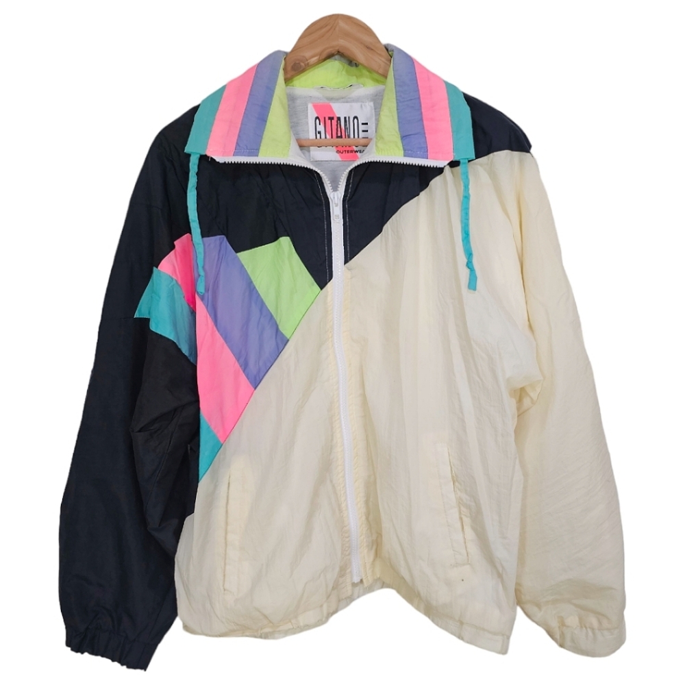 Vintage 80s 90s Gitano Outerwear Zip Front Winbreaker Jacket Colorblock Medium